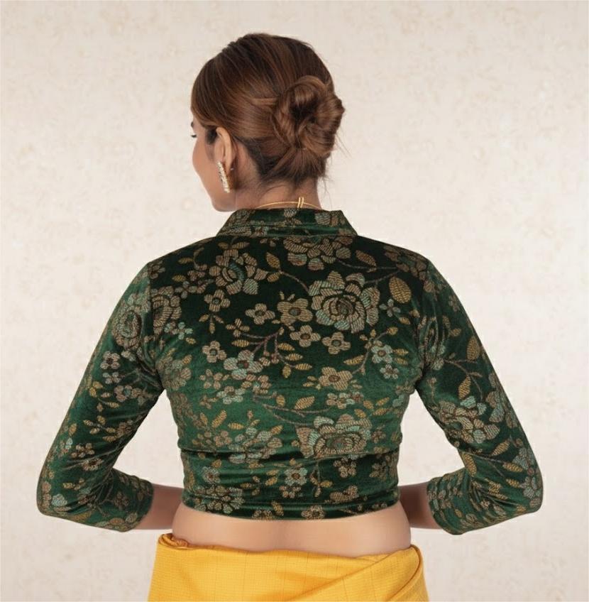 Dark Green Velvet Blouse with Floral Prints