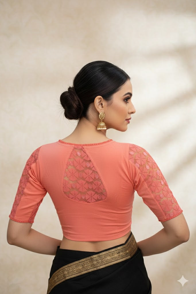 Peach Cotton Lycra Blouse with Netted Flower Design