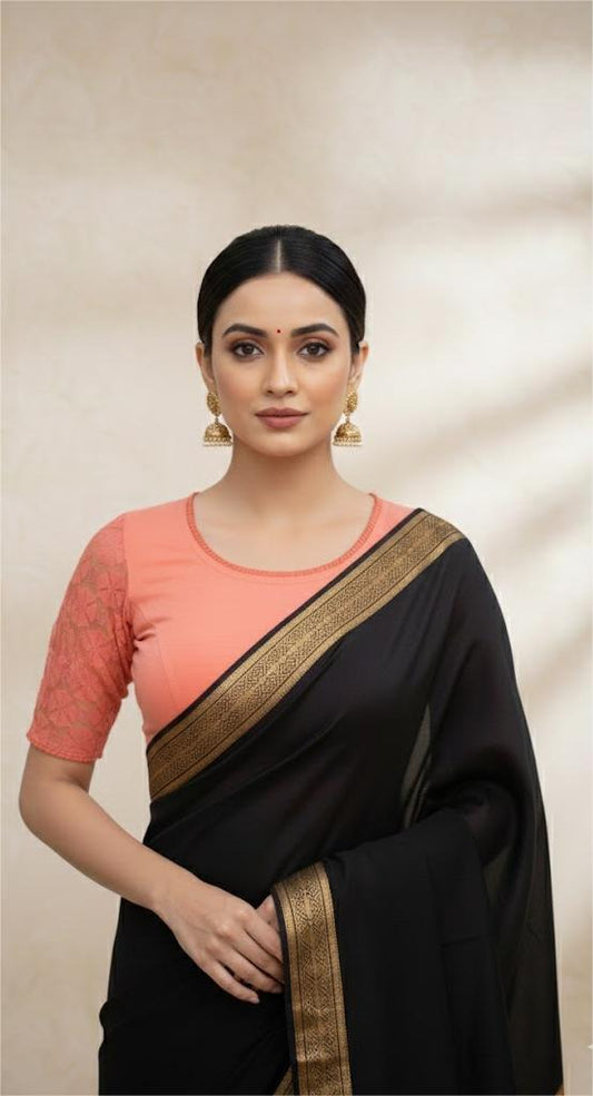 Peach Cotton Lycra Blouse with Netted Flower Design