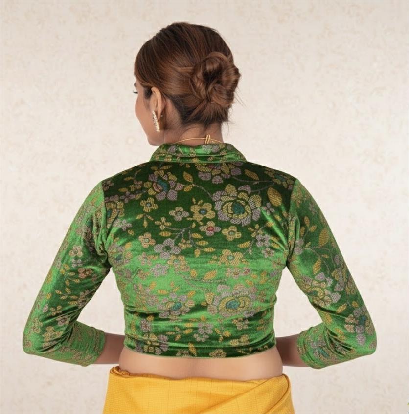 Rama Green Velvet Blouse with Floral Prints